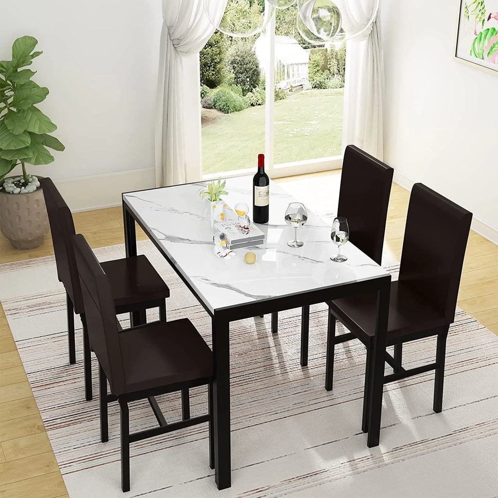 AWQM Dining Table Set of 4, Faux Marble 5 Piece Dining Room Table Set with PU Leather Chairs, Rectangular Kitchen Table Set for Apartment, Dining, White
