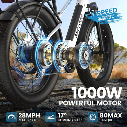 ANCHEER Electric Bike for Adults Peak 1000W Electric Bicycle 48V 15AH Battery Electric Bike 26" x 4.0" Fat Tire Mountain 28MPH 7 Speed Gears Electric Bike, Rear Rack,UL2849