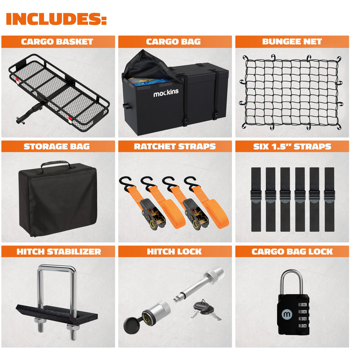 Mockins XL Trailer Hitch Cargo Carrier Hitch Mount | 500 lbs. Hitch Basket Capacity - 60"x24"x6" | 25 Cu. Ft. Bag & Accessories