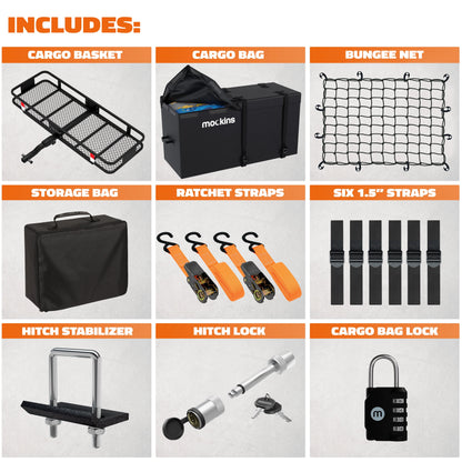 Mockins XL Trailer Hitch Cargo Carrier Hitch Mount | 500 lbs. Hitch Basket Capacity - 60"x24"x6" | 25 Cu. Ft. Bag & Accessories
