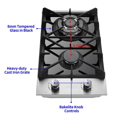 Eascookchef 2 Burners Gas Cooktop Electric Stove Oven 12 inch NG/LP Gas Stainless Flame-Out Proof