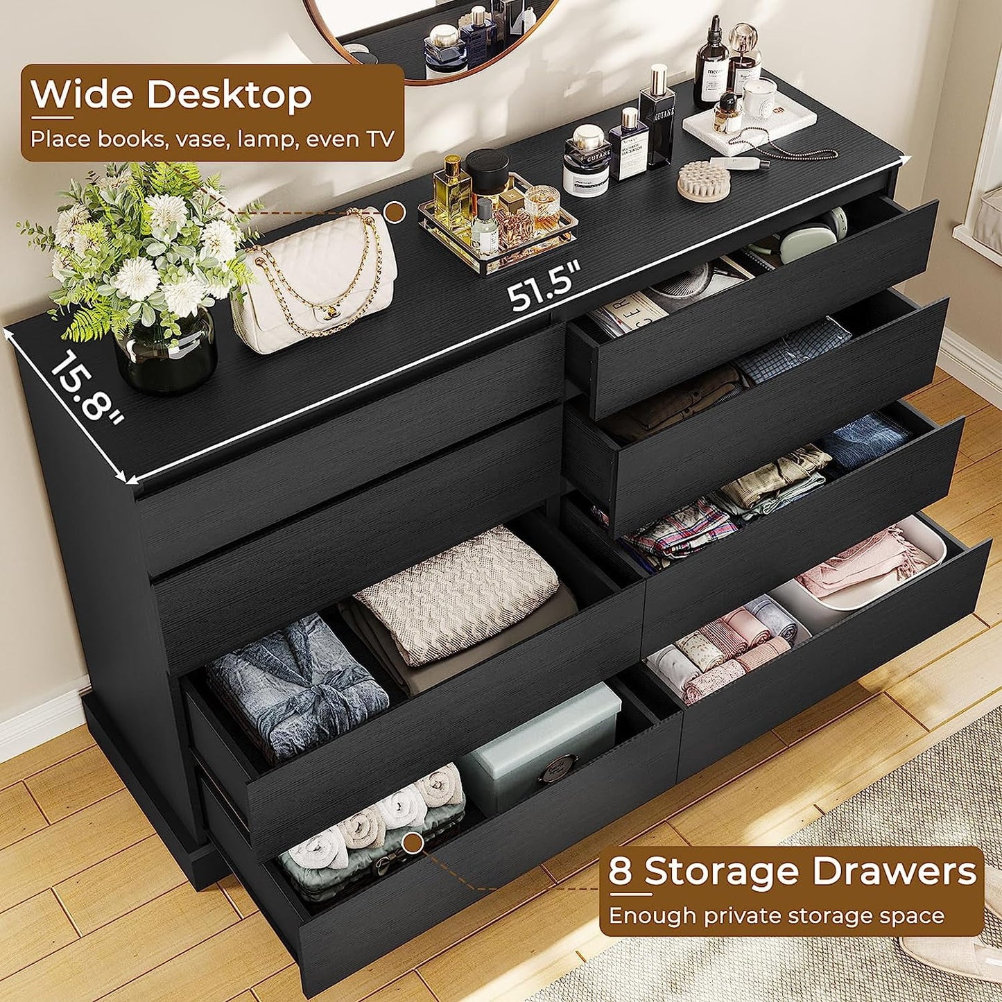 8 Drawers Double Dresser Wooden Black Chest of Drawers for Bedroom, Large Storage Cabinet for Home Living Room