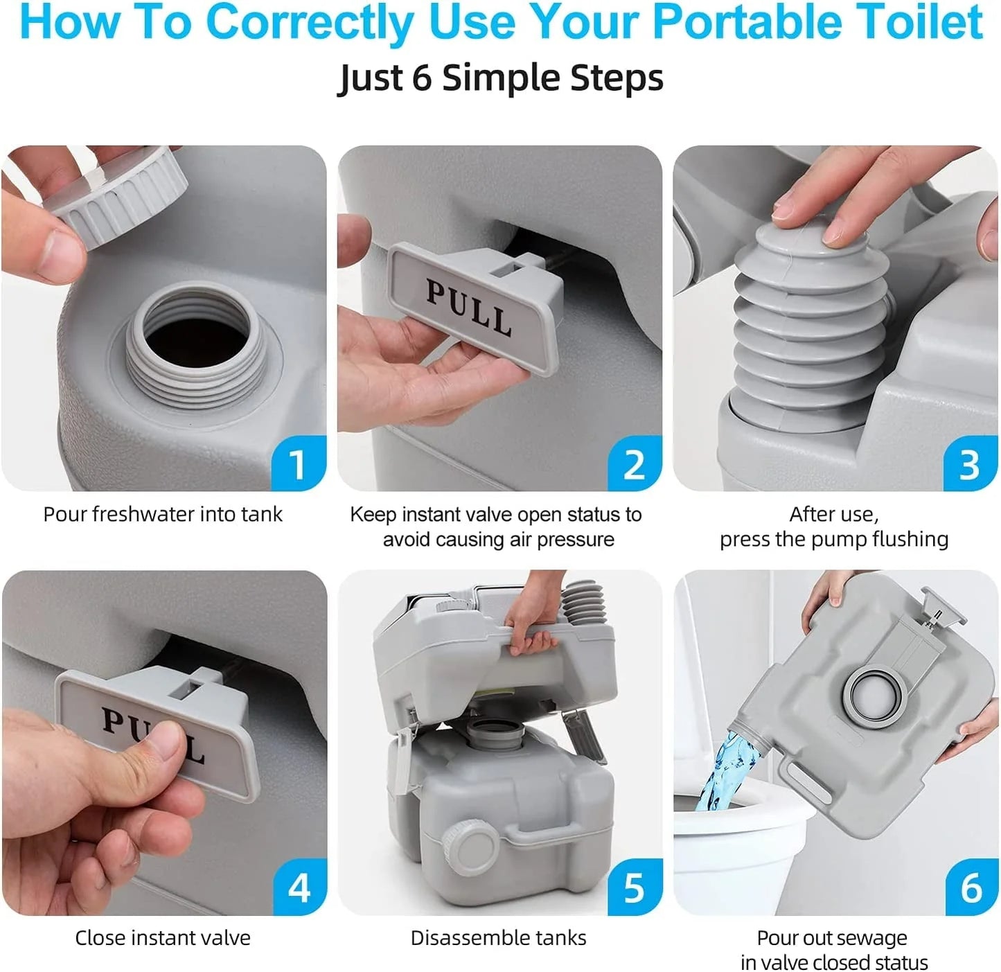 Dextrus 5.3 Gallon Portable Toilet With Detachable Tank, Double Outlet Water Spout, Press Flush Pump, Travel RV Potty for Camping, Boating, Hiking, Trips, White&Gray