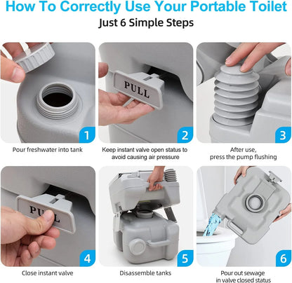 Dextrus 5.3 Gallon Portable Toilet With Detachable Tank, Double Outlet Water Spout, Press Flush Pump, Travel RV Potty for Camping, Boating, Hiking, Trips, White&Gray