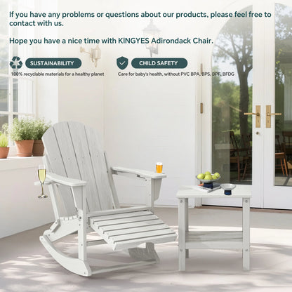 KINGYES Folding Adirondack Rocker Chair Set of 2 W/ Footrest & Dual Cup Holders, HDPE Outdoor Patio Rocking Chair, Black