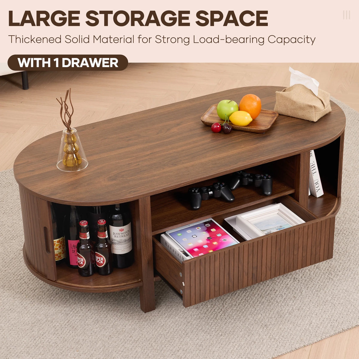 MARNUR Coffee Table with Storage, Tambour Sliding Door, Open Shelf, Mid Century Modern Center Table with Drawer for Living Room, Walnut