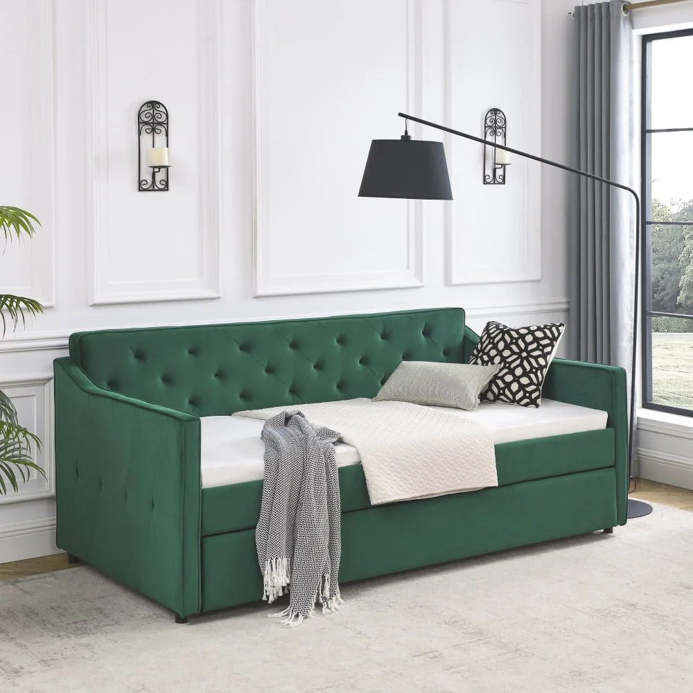 Twin Size Daybed with Trundle, Modern Button Tufted Linen Upholstered Sofa Day Bed Frame with A Roll-Out Trundle, Bedframe Furniture for Bedroom Living Room Guest Room,Green