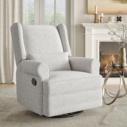 Royalcraft Swivel Nursery Glider Recliner, Comfy Upholstered Glider Chair with Lumbar Pillow and Footrest, Beige