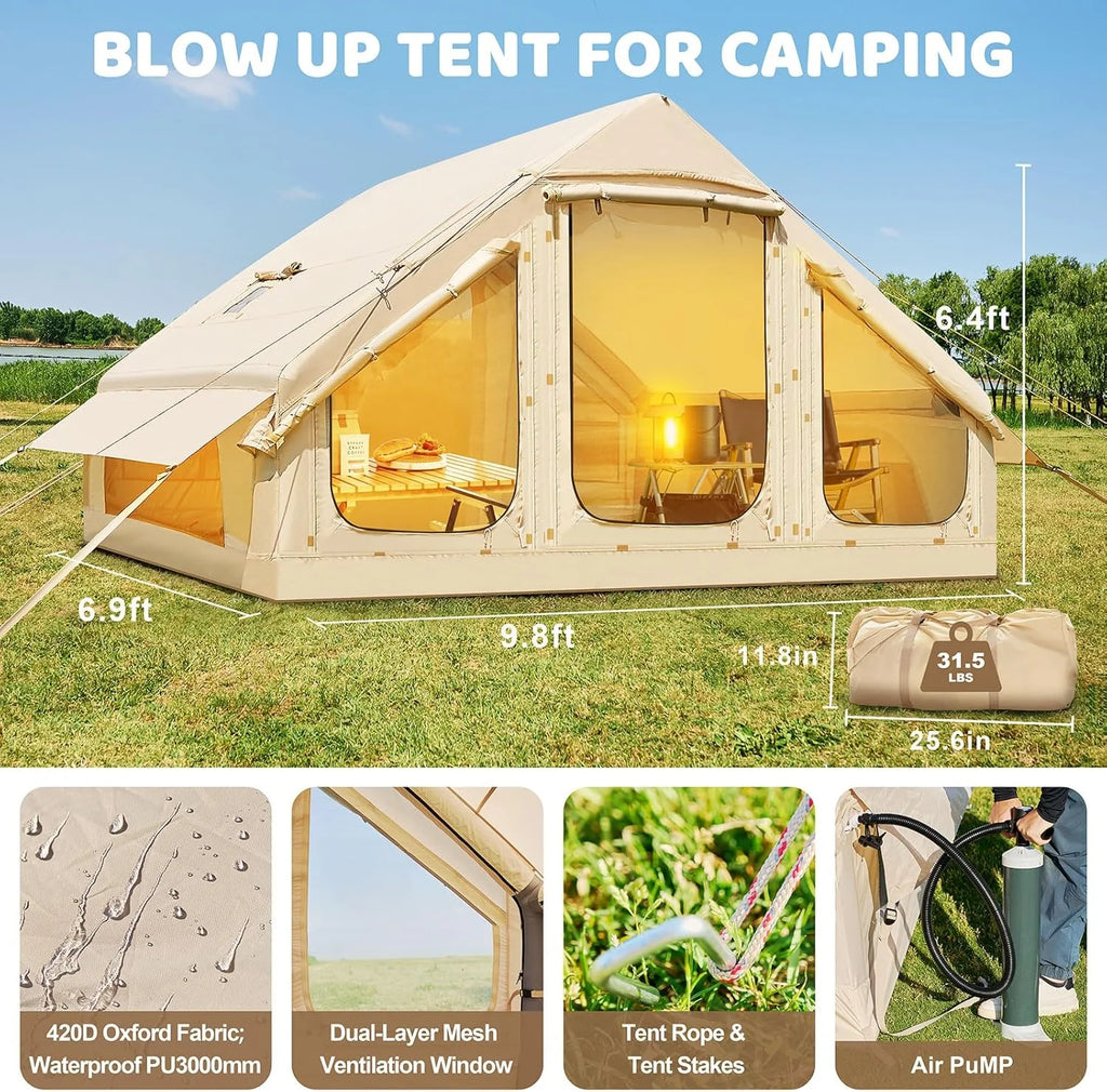 Inflatable Tents for Camping, Blow Up Tent with Canopy, Easy Setup Inflatable Camping Tent with Stove Jack, Waterproof Oxford Air Glamping Tents for Camping Adult 8-10 Person