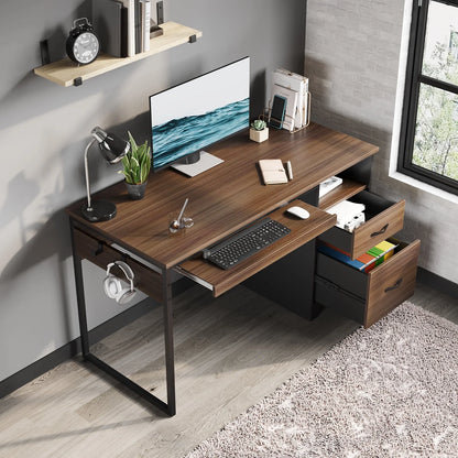 Bestier 55 Inch Office Desk with Drawers, Keyboard Tray, 2 Hooks, Modern Fluted Computer Desk for Home, Grey