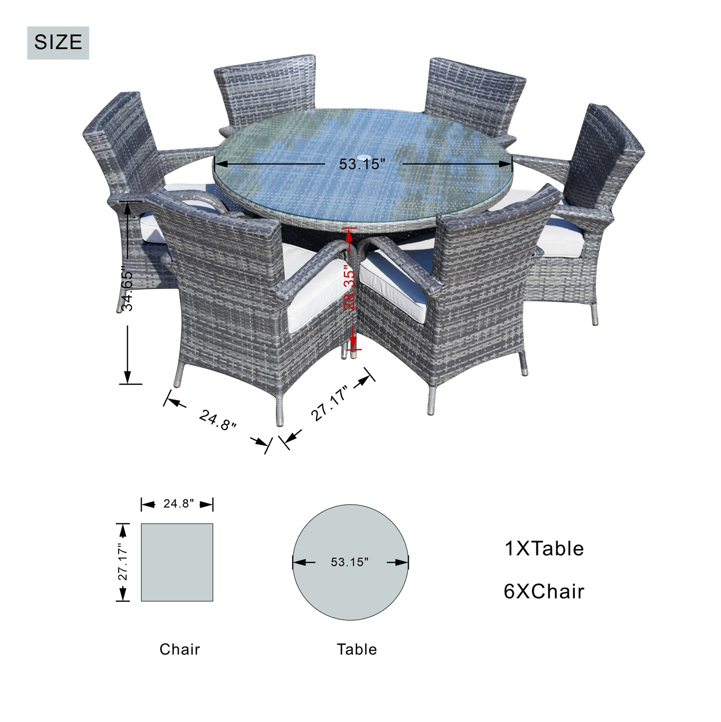 Direct Wicker 7 Piece Patio Dining Set with Rattan Chairs and Cushions, Grey