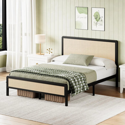 4 EVER WINNER Queen Size Bed Frame, Rattan Bed Frame with Natural Rattan Headboard and Footboard, No Box Spring Needed, Black