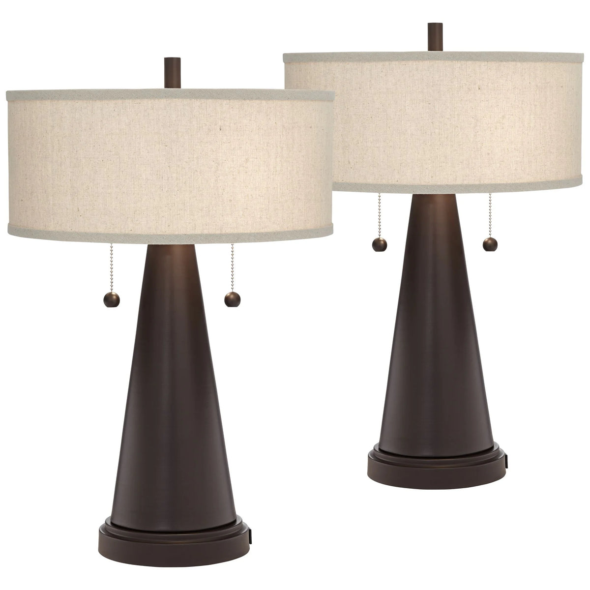 Franklin Iron Works Craig Rustic Farmhouse Accent Table Lamps 23" High Set of 2 Bronze with USB Charging Port Natural Drum Shade for Bedroom Desk