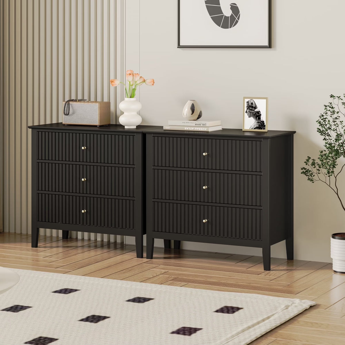 May Color Large White 3 Drawer Dresser Set of 2 with Fluted Panel, Modern Chest of Drawers with Silent Slide Drawers, Wood Accent Nightstand with Storage for Bedroom Living Room, Hallway