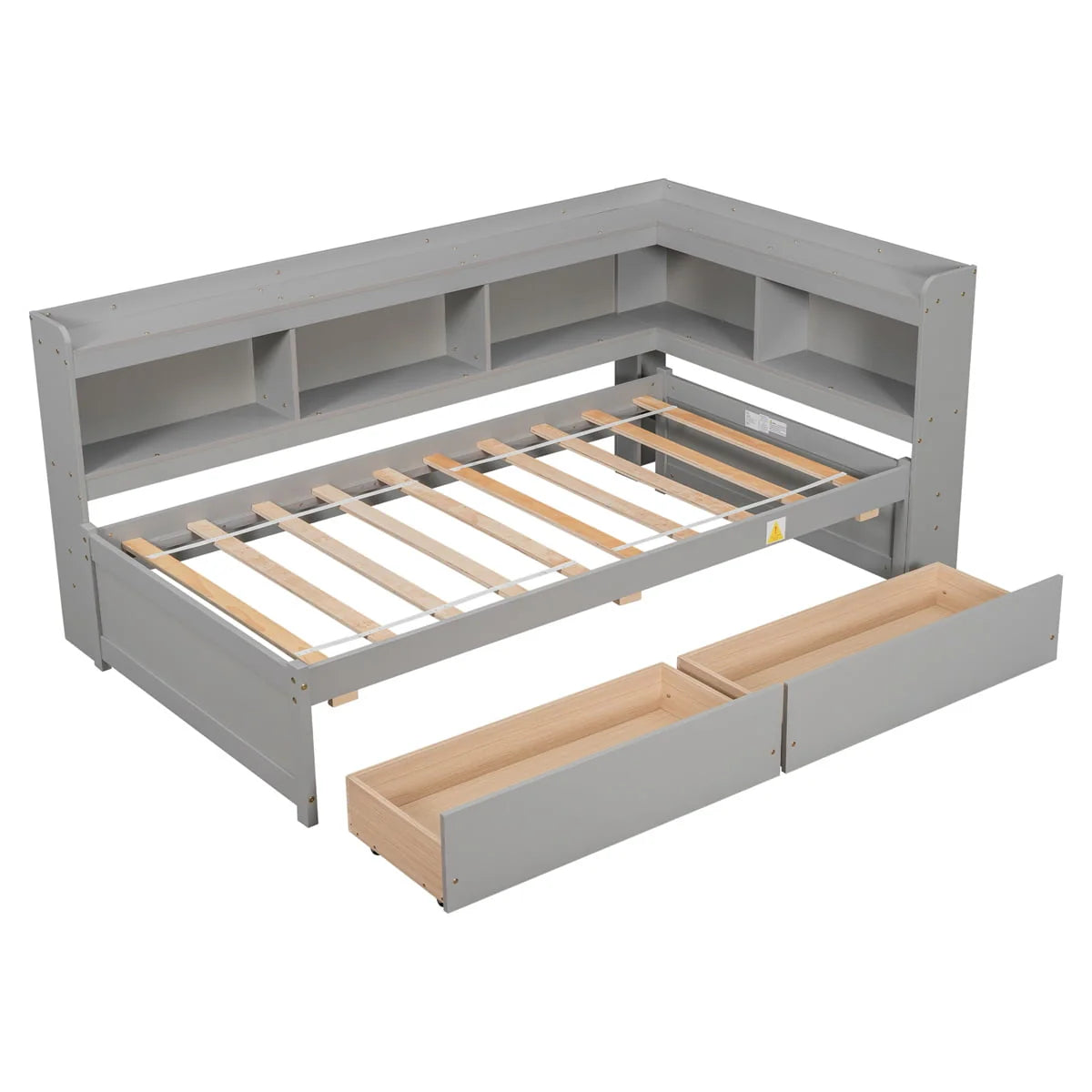 Twin Bed with L-Shaped Bookcases and Two Drawers,Solid Wood Platform Bed Frame with Bookcases Headboard and Wood Slats Support,Twin Size Daybed Frame for Bedroom Living Room,No Box Spring Needed,Gray