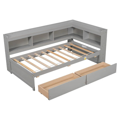 Twin Bed with L-Shaped Bookcases and Two Drawers,Solid Wood Platform Bed Frame with Bookcases Headboard and Wood Slats Support,Twin Size Daybed Frame for Bedroom Living Room,No Box Spring Needed,Gray