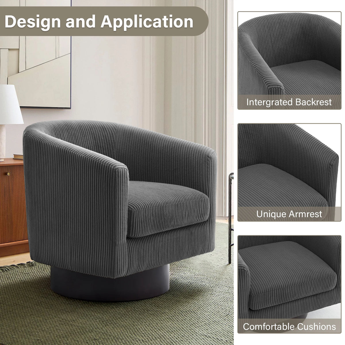 UIXE Swivel Accent Chair, Upholstered Fabric Barrel Chair for Living Room, Small Single Sofa Bedroom Reading Seat, Light Gray