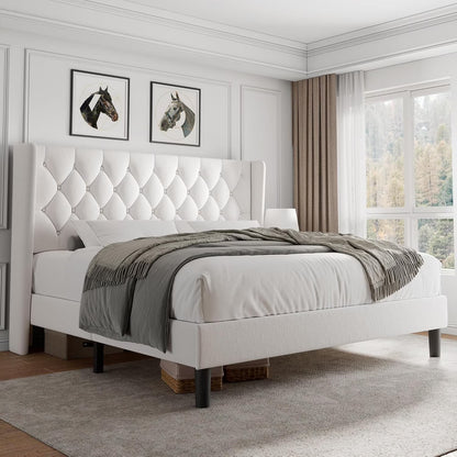 iPormis Full Size Bed Frame with Diamond Button Tufted Wingback Headboard, Upholstered Platform Bed Frame with Strong Wood Slat Support, No Box Spring Needed,Black
