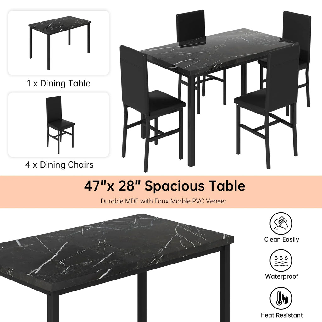 AWQM Dining Table Set of 4, Faux Marble 5 Piece Dining Room Table Set with PU Leather Chairs, Rectangular Kitchen Table Set for Apartment, Dining, White