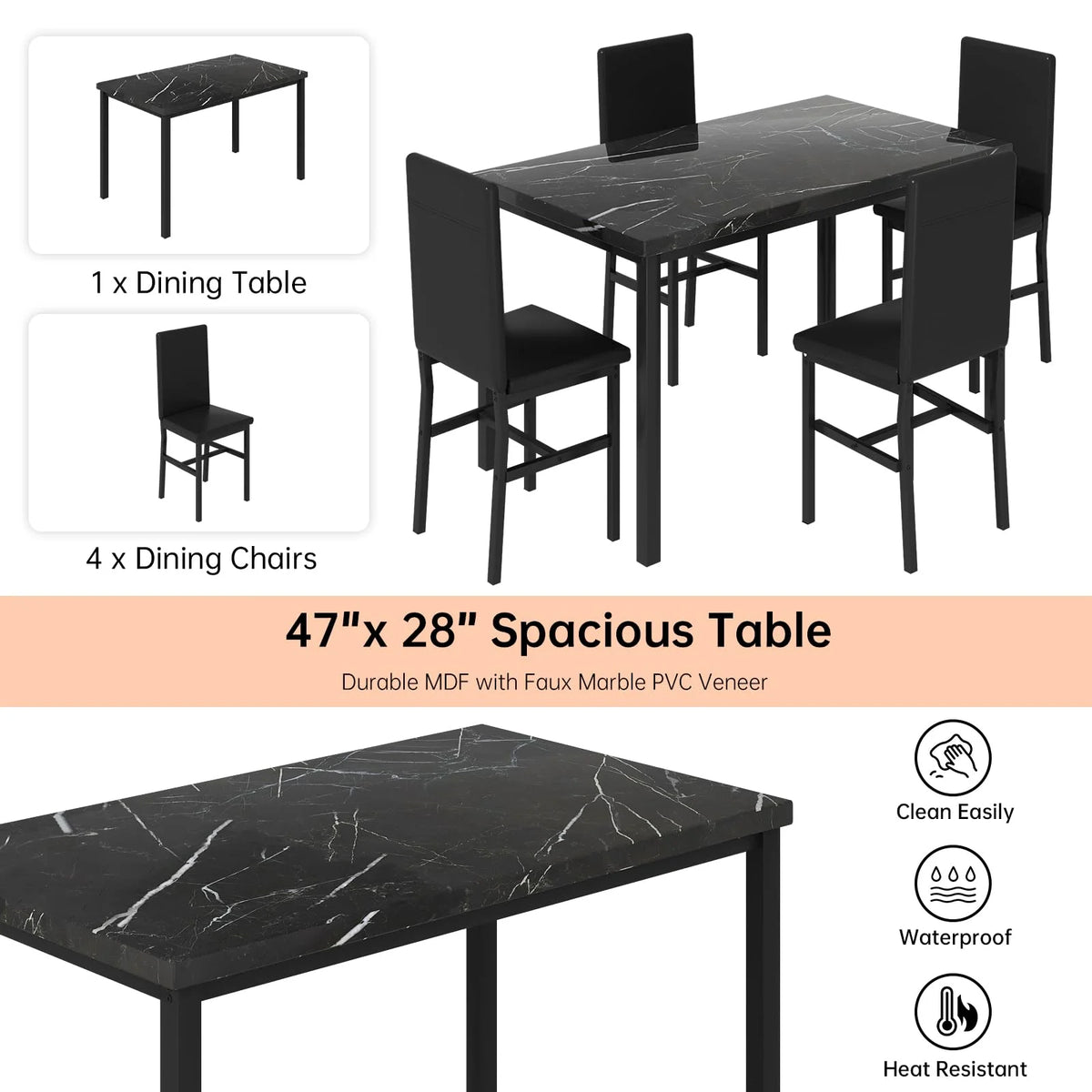 AWQM Dining Table Set of 4, Faux Marble 5 Piece Dining Room Table Set with PU Leather Chairs, Rectangular Kitchen Table Set for Apartment, Dining, White