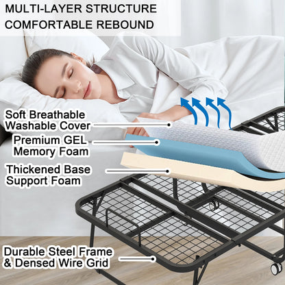 Folding Bed with Mattress 75" x 31" Cot Size Folded Bed, Rollaway Guest Bed Portable Foldable Extra Bed for Adults Daybed with 5" Memory Foam Mattress Space-Saving Sturdy Metal Grid Frame