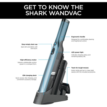 Shark Cordless Handheld Vacuum , Wandvac, for Pet Hair, Carpet & Car, Powerful suction, high speed brushless motor, ultralight weight, with easy emptying and charging dock, WV200, Graphite