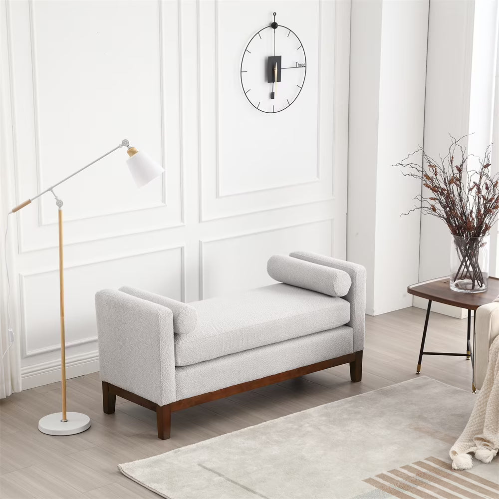 53.5"W Elegant Upholstered Bench with Wood Legs & Round Pillows,Comfy Boucle Fabric Footrest with Arms, Entryway Bench for End of Bed, Bedroom and Living Room, Ivory