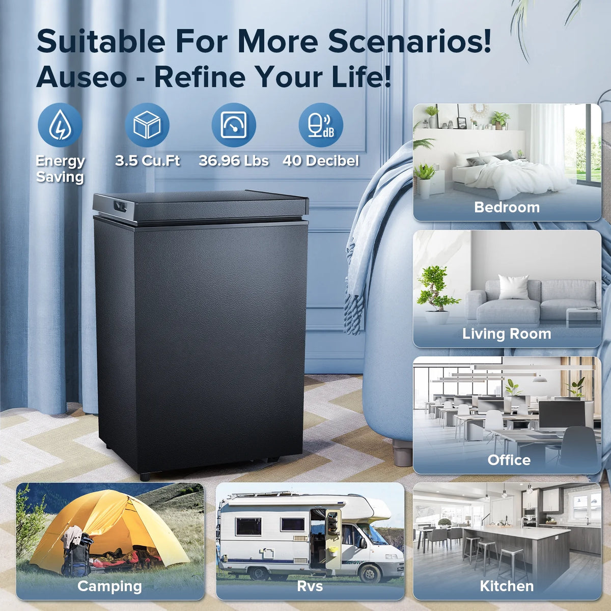 Auseo Mini Freezer Chest 3.5 cu ft,  Black Deep Freezer & Side Handle, Compact Freezer with 7 Gear Adjustable Temperature, Removable Storage Basket*2, Energy Saving
