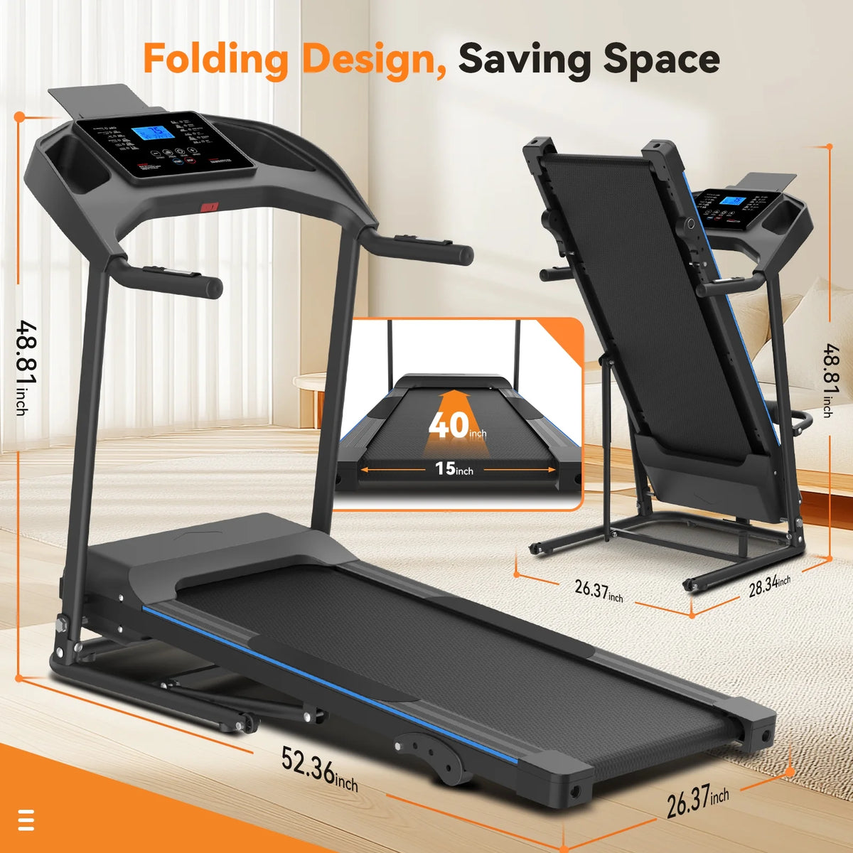 Treadmill with 8% Incline, 3.0 HP Foldable Compact Treadmill with Sit-up Function, 300 lbs Walking Running Treadmill with LCD Display for Exercise, 12 Programs