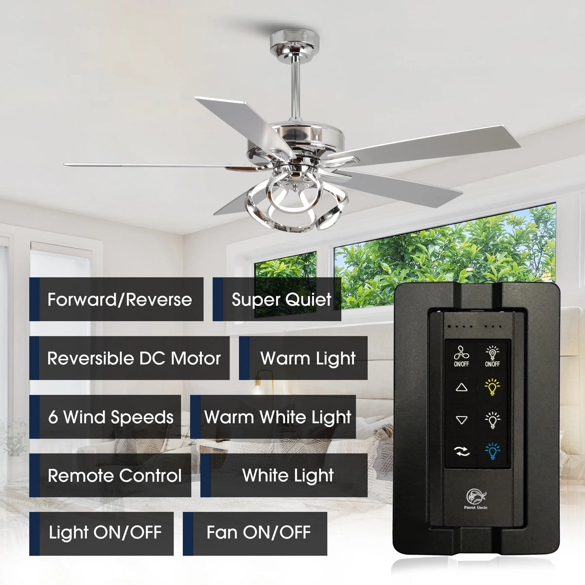 Parrot Uncle 52-Inch Contemporary Chrome Ceiling Fan with Integrated LED Lights and Remote Control
