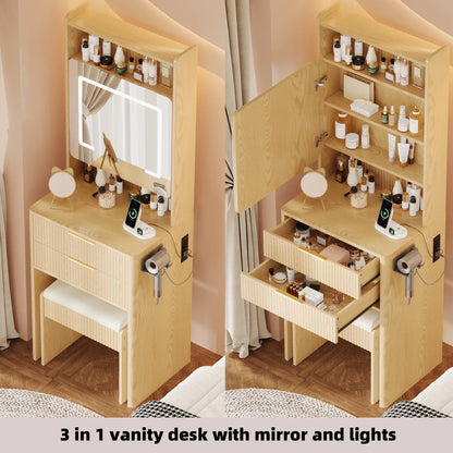 UGTOO 45.2" Modern Vanity Desk with LED Mirror & USB Charging, Wood Makeup Dressing Table with 7 Drawers for Bedroom