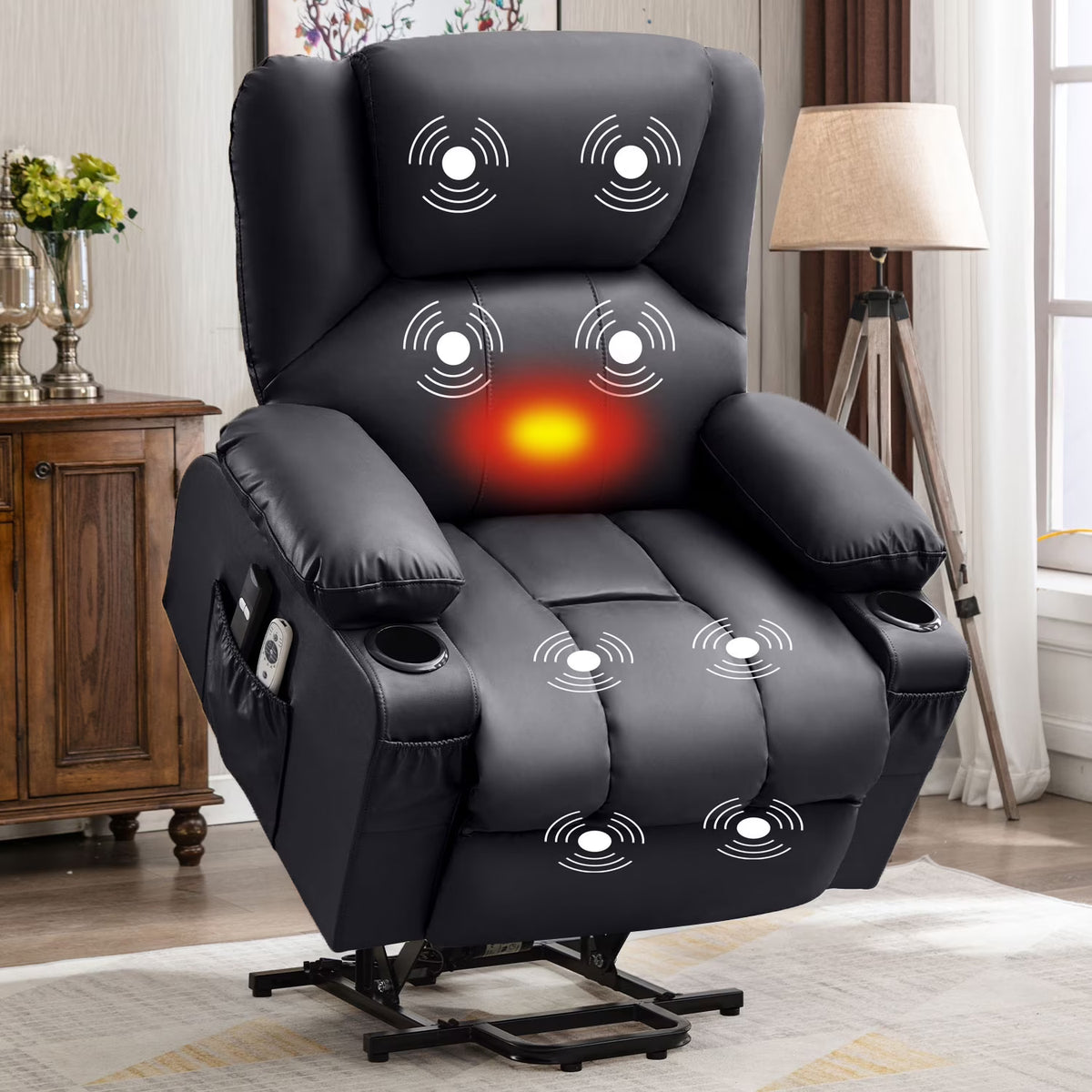 JONPONY Power Lift Recliner Chair Recliners for Elderly with Heat and Massage Recliner Chair for Living Room with Infinite Position and Side Pocket,USB Charge Port,Black