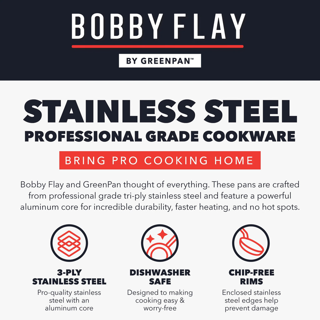GreenPan Bobby Flay 10-Piece Stainless Steel Cookware Set, Ceramic Nonstick Fry Pans, Dishwasher Safe