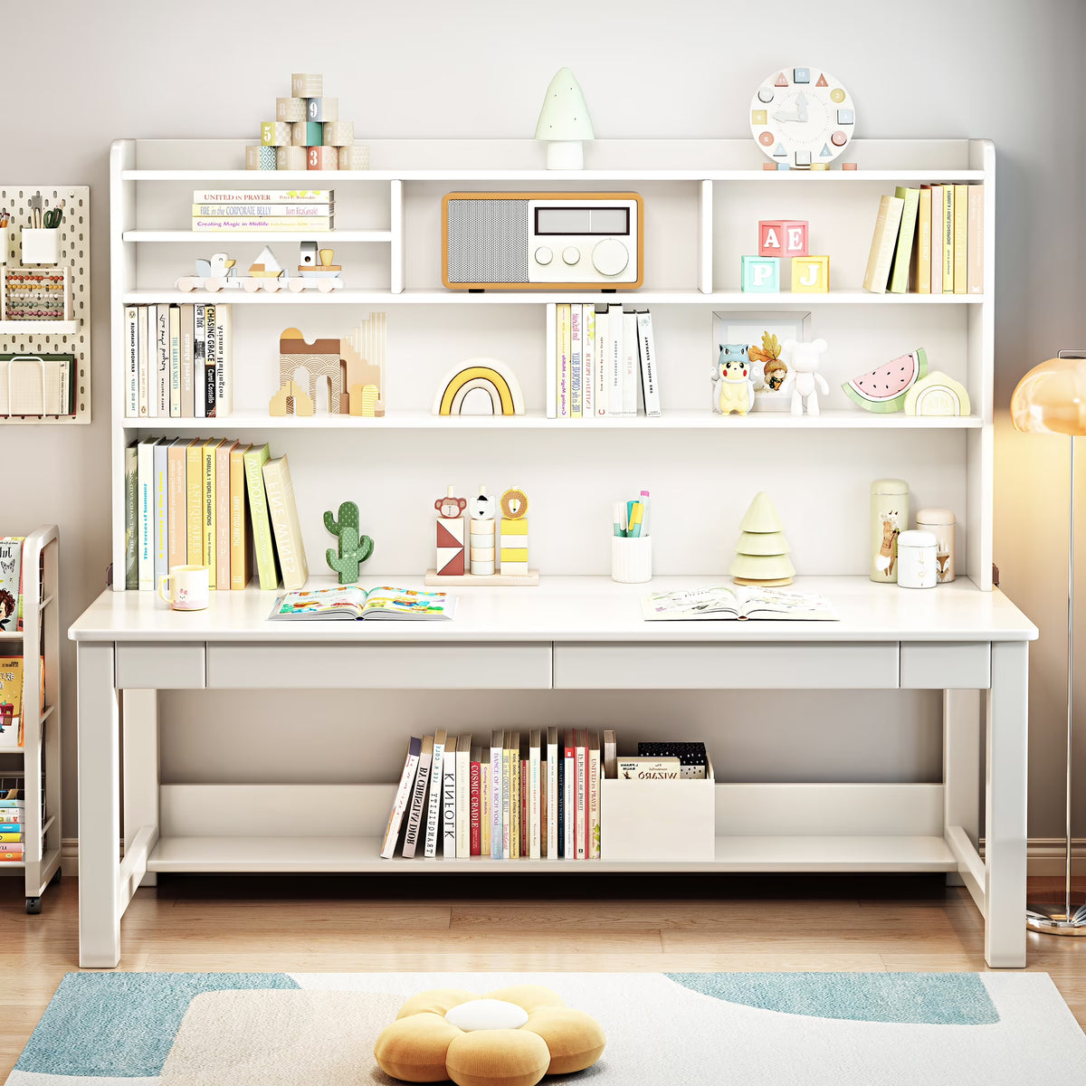 BALANBO Wooden Kids Desk Desk with Hutch for Children,Solid Wood Desk Two Positions Suitable for Two People, Suitable for Children's Study, Adult Home Office and Other Places(White)