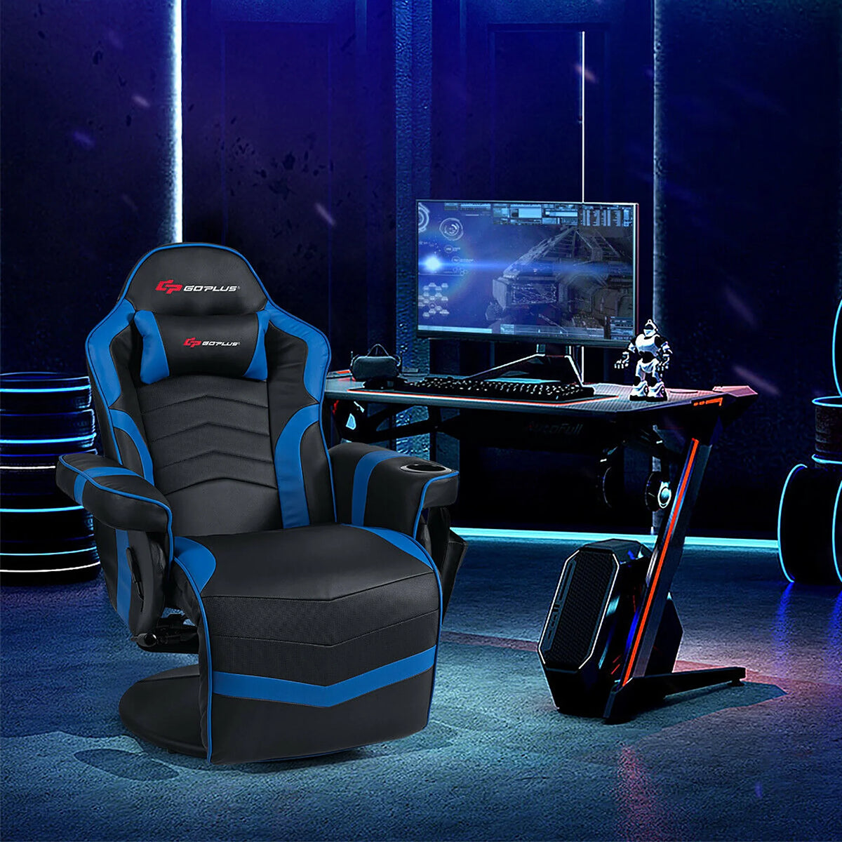 Goplus Massage Gaming Recliner Reclining Racing Chair Swivel Black