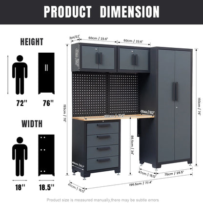 HPDMC Garage Storage Cabinet System 7-Pcs Workshop Set Metal Garage Cabinets System with Steel Cabinet Drawers, Workbench, Pegboard for Garage Tool Organization