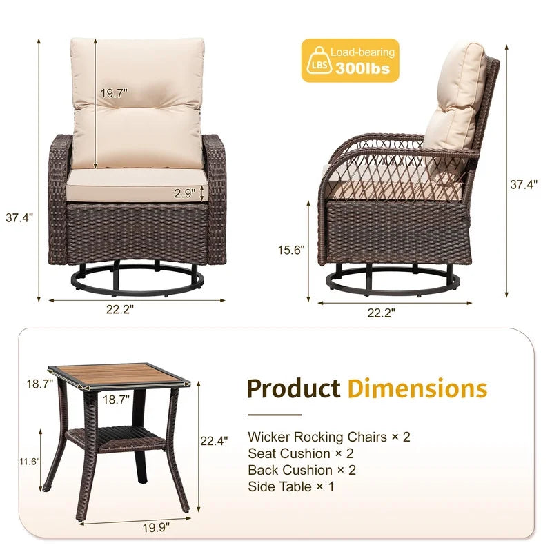 Lacoo 3 Piece Outdoor Bistro Set Patio 360�� Swivel Rocking Chairs & Table All-Weather Rattan High Back Conversation Set for Backyard Porches Garden