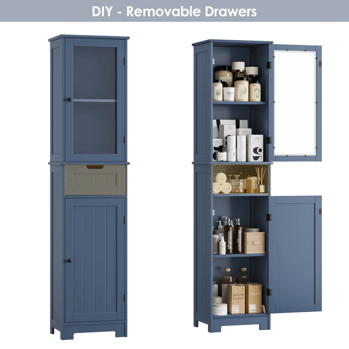 Homfa Bathroom Storage Tower, Narrow Linen Cabinet with Door and Drawers, Tall Bathroom Storage Cabinet for Small Spaces, White