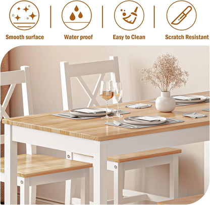 Soges 5 Pieces Dining Table Set, Pine Wood Kitchen Dining Table with 4 Chairs, Wood Rectangular kitchen table and chairs for 4, Small Dining Set for Bar Dining Room Breakfast Nook, White and Gray