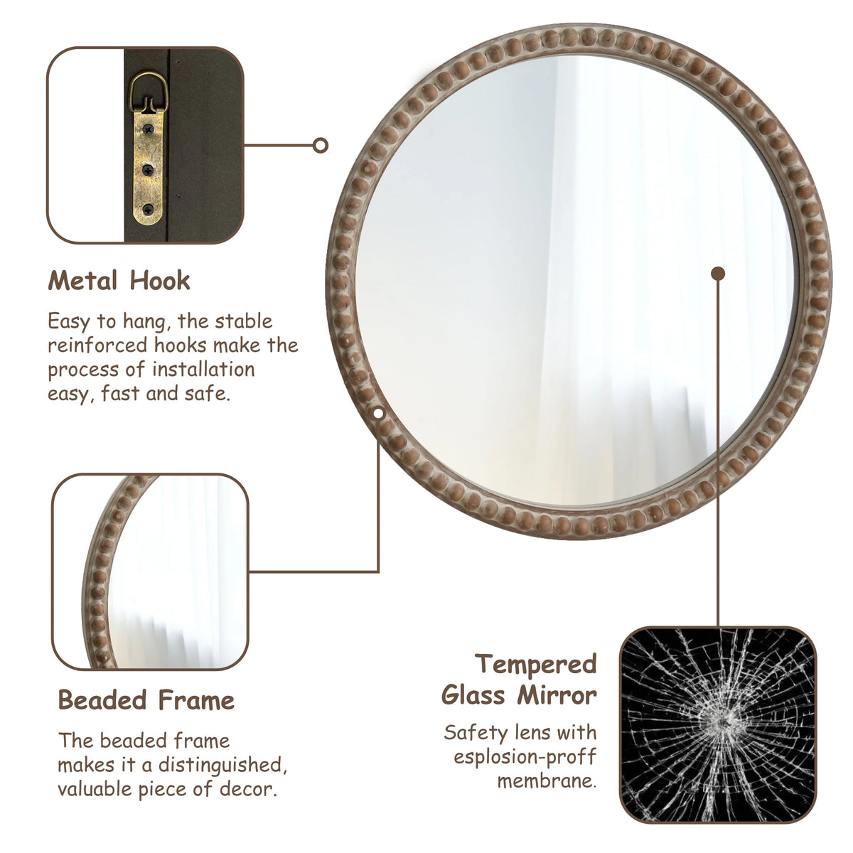 COZAYH Distressed Wood Frame Accent Mirror, Rustic Farmhouse Style Decorative Wall Mirror (Round)
