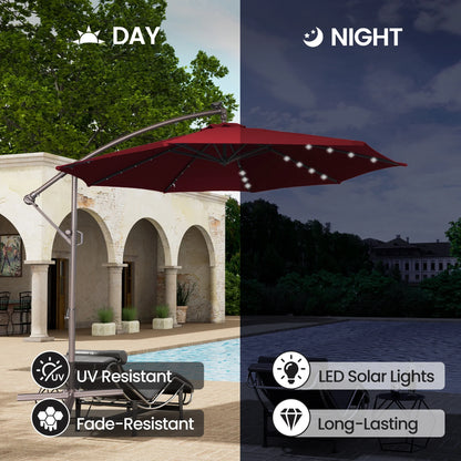 Mondawe 10ft Solar Lights Offset Cantilever Patio Umbrella - with Light, LED Lighted Offset Hanging Patio Outdoor Market Umbrella UPF50+ UV Protection with Crank,Navy Blue