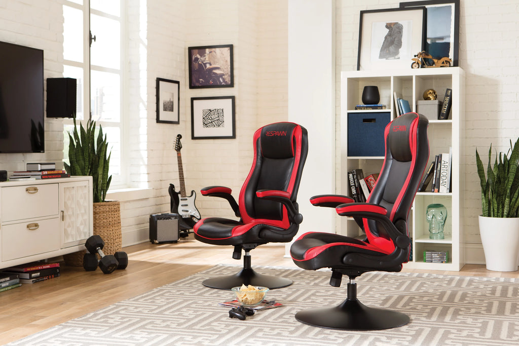 RESPAWN 800 Swivel Rocker Gaming Chair - Ergonomic Floor Gaming Seat with Lumbar Support, Flip Up Armrest, High Back, Pedestal Base, Comfortable No Wheels Console Video Game Rocker Chair - Red