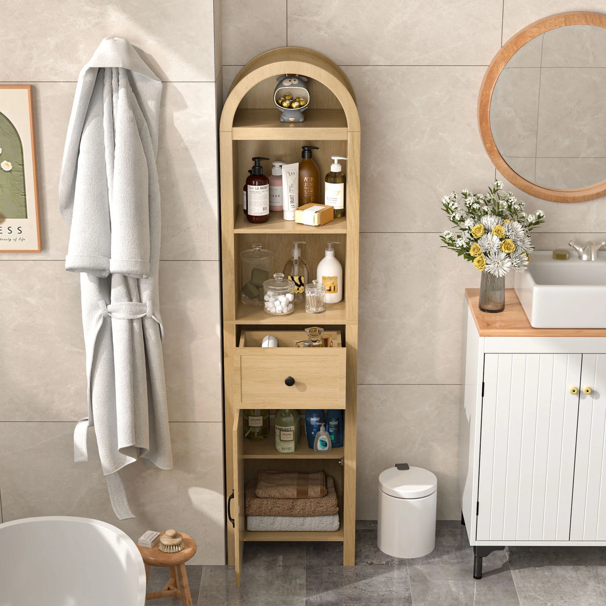 Fiogmub Tall Bathroom Storage Cabinets with Doors and Shelves, Narrow Tall Linen Cabinet with Drawer