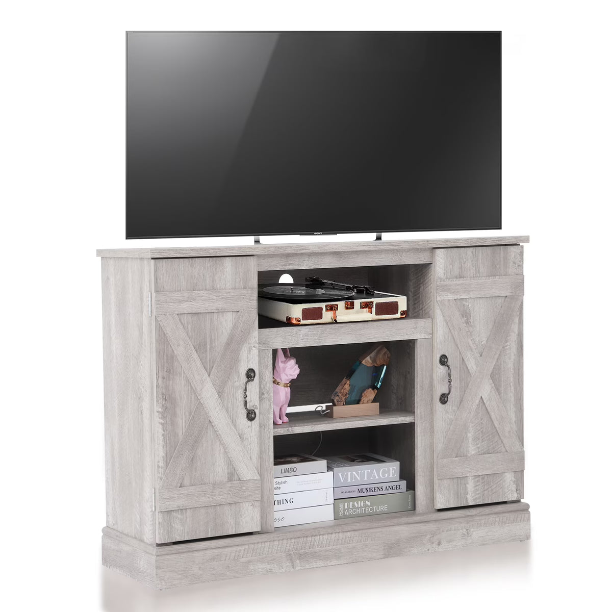 TV Stand for 65 Inch TV, Entertainment Center with Two Glass Barn Doors and Storage Cabinet Table, Farmhouse Style Media Console Table for Living Room(Coffee)