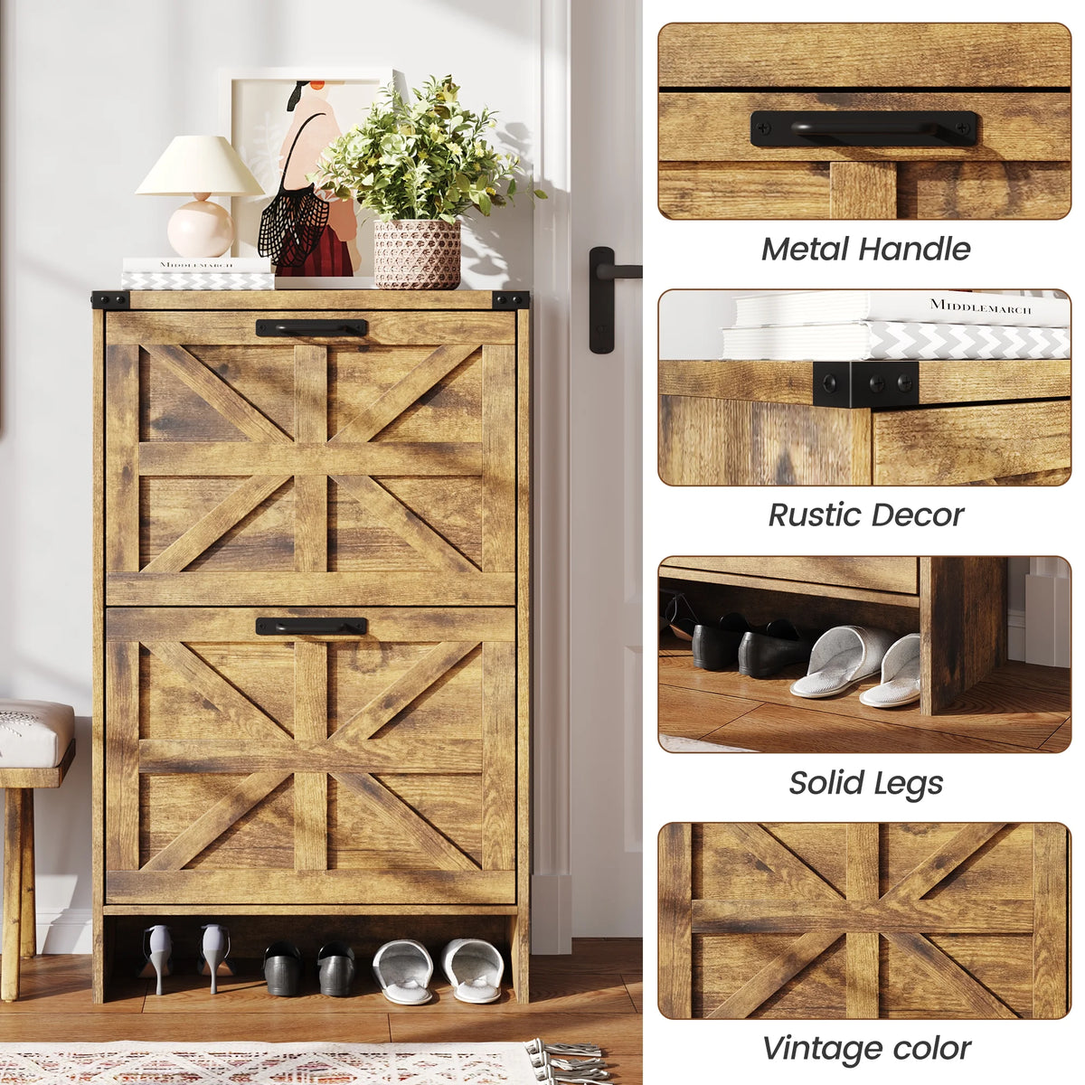 VEANERWOOD Shoes Storage Cabinet With Doors, Farmhouse Shoe Cabinet With 2 Flip Drawers For Entryway,Gray