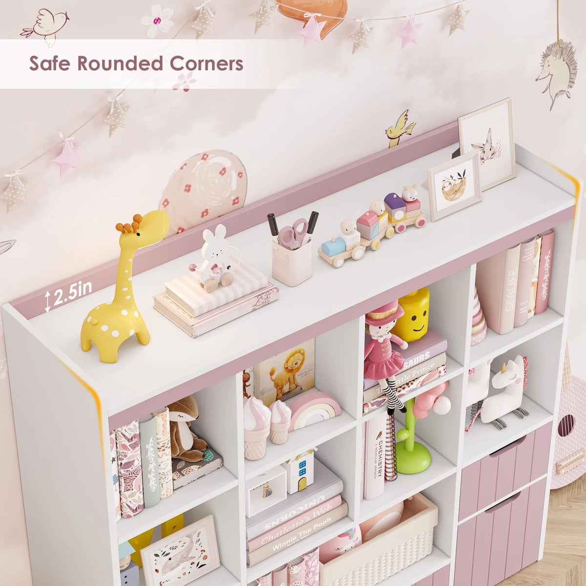 Homfa Kids Toy Storage Organizer with Cubby, Kids Toy Storage Chest with Removable Drawers, Kids Bookcase for Playroom Bedroom Living Room, Pink