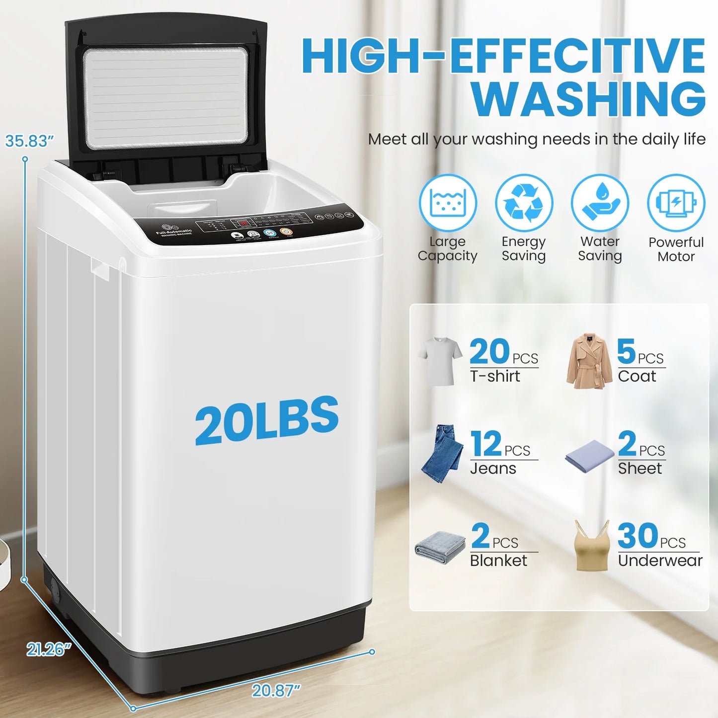Veeboto 20lbs Fully Automatic Washing Machine, Washer Machine with 10 Wash Programs/8 Water Levels, Portable Washing Machine with LED Display & 1 Adjustable feet, White