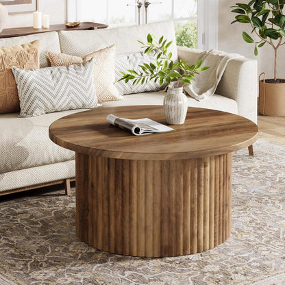 Finmind 31.5" Round Coffee Table, Farmhouse Circle Coffee Table with Metal Base