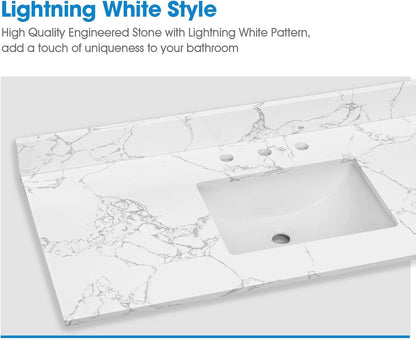 36x22 Engineered Stone Vanity Sink Top, White Bathroom Countertop with Undermount Left Sink, Vanity Top with 8 inch 3 Faucet Hole Spacing and Backsplash