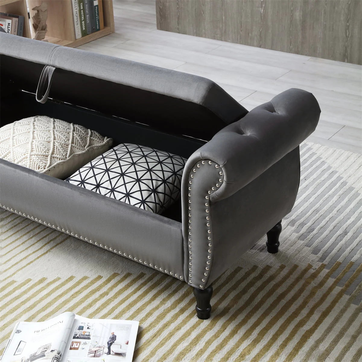 JINS&VICO 63'' Velvet Storage Ottoman Bench, Upholstered Tufted Sofa Stool with Rolled Armrest and Nailhead Trim, Rectangular Chaise Lounge with 1 Pillow for Living Room Bedroom, Gray